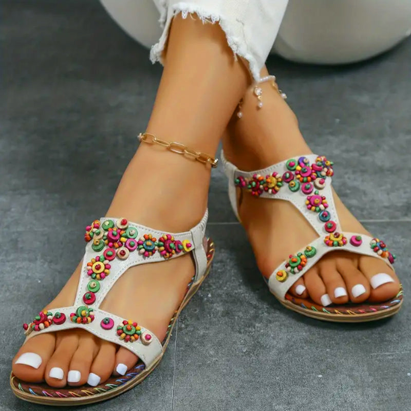 Fleur- Sandales à talons plats style bohème décontractées pour femmes